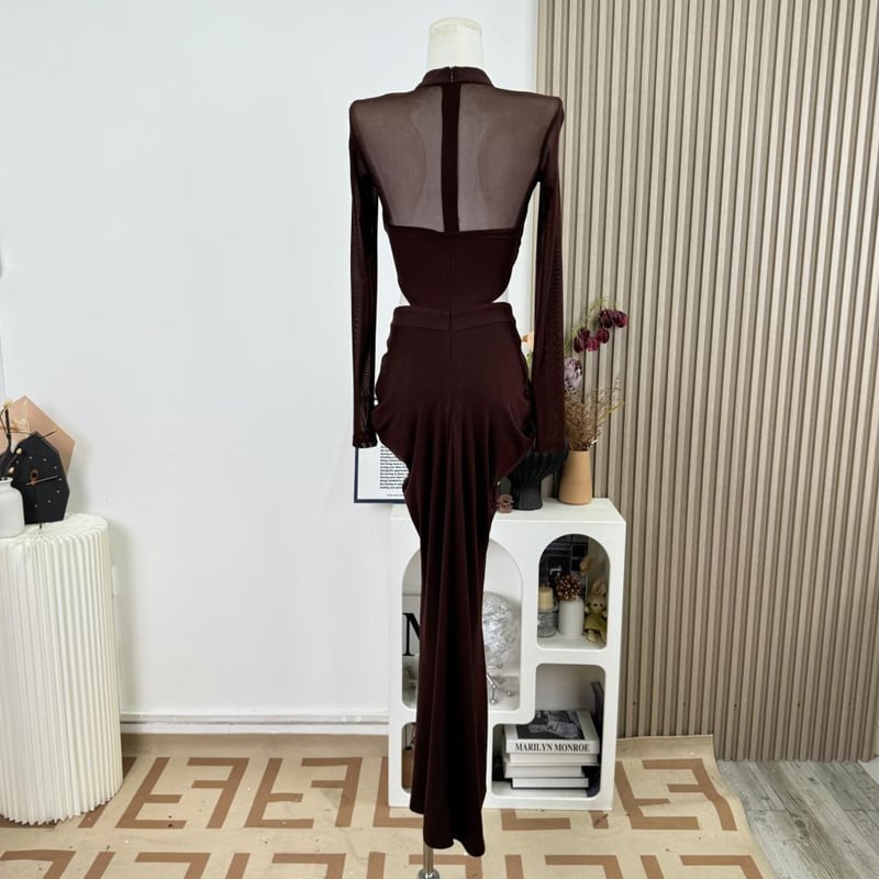【dress】クロスネックチュールドッキングロングワンピース Q7951