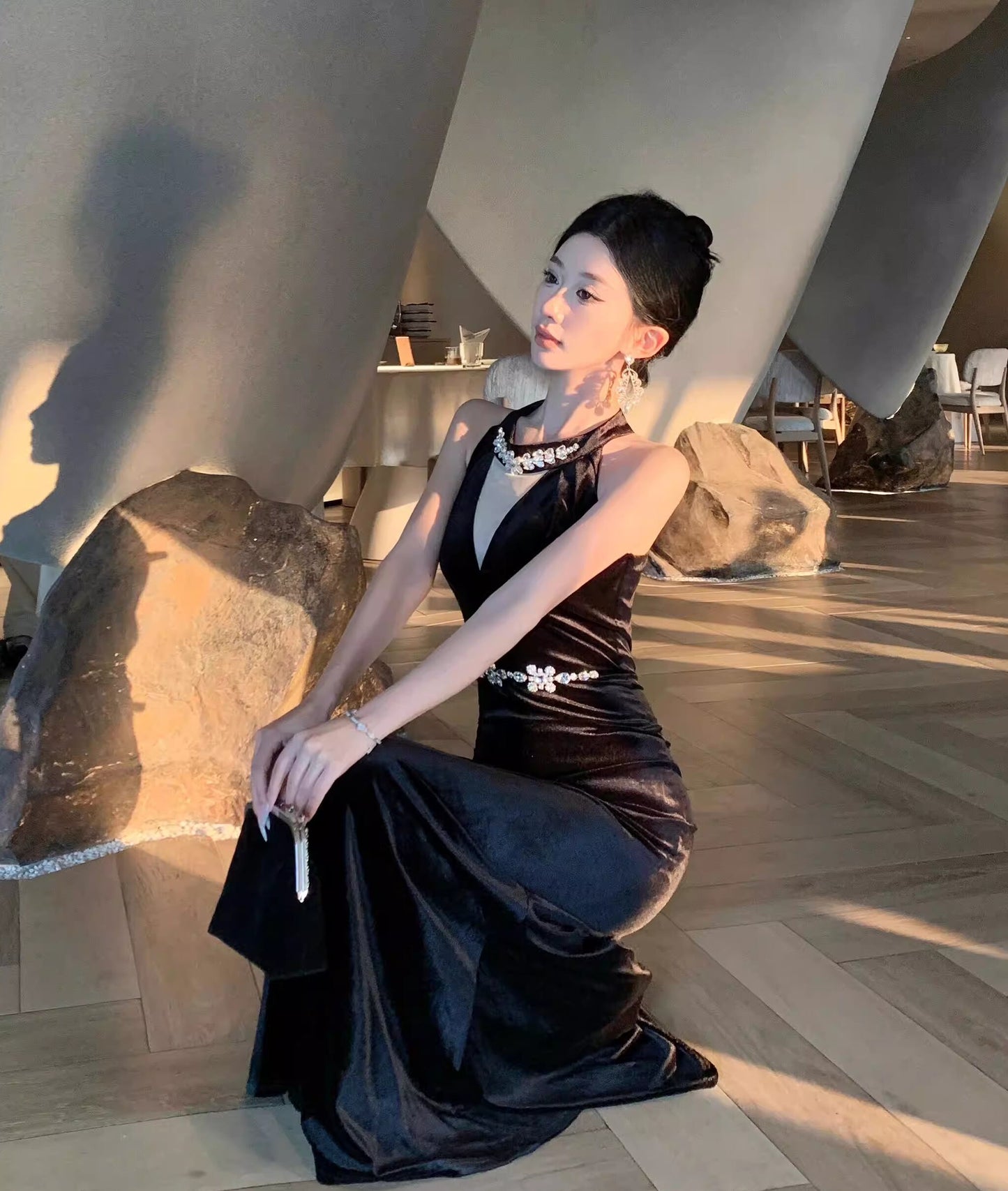 【dress】ノースリーブベルベットワンピース Q7886