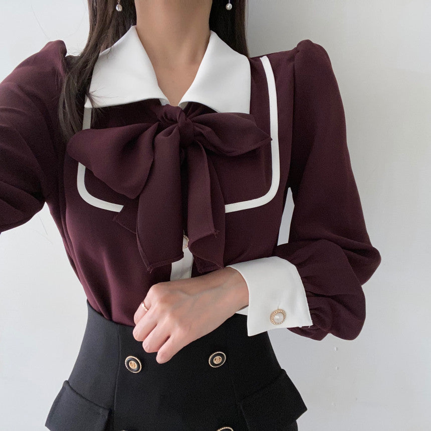 【tops】折り襟リボン長袖シャツG23035