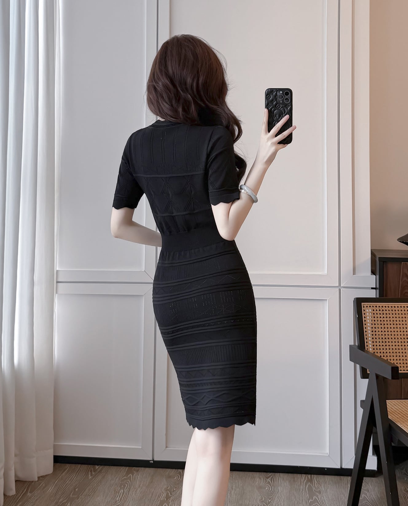 【dress】半袖透かし編みニットワンピース Q8492