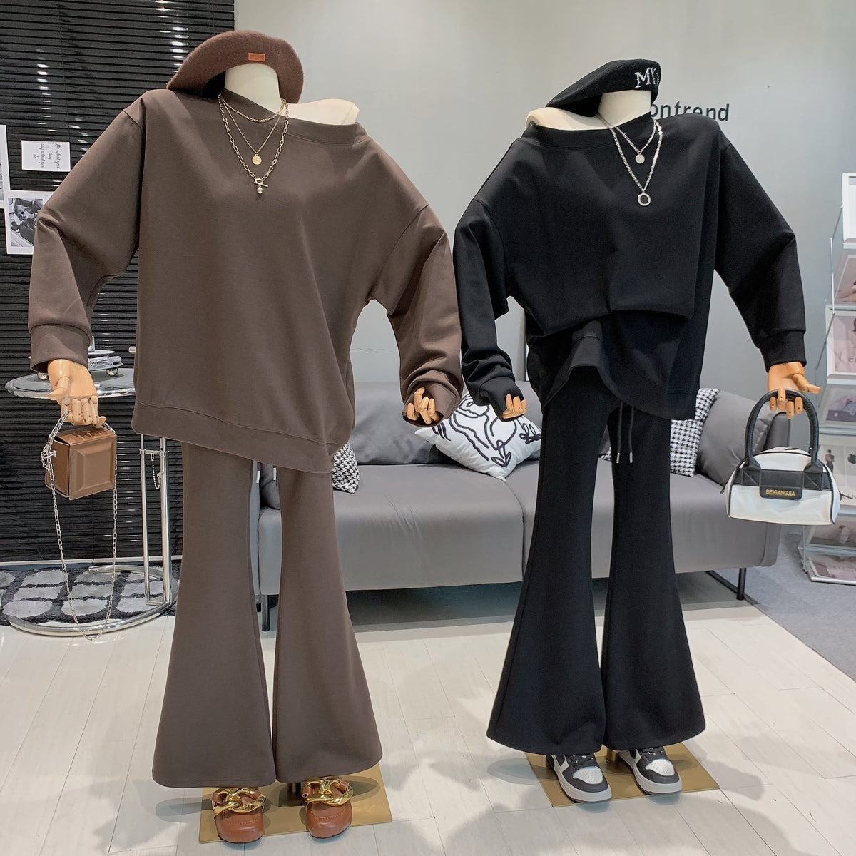 【set】オフショルダートップス×フレアパンツセット N2732