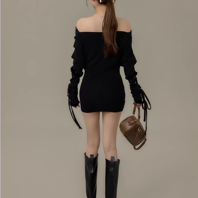 【dress】ファー付きオフショルダーニットワンピース Q7730