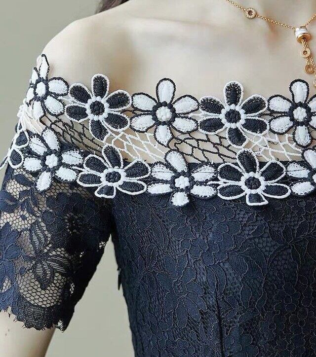 【dress】見逃し厳禁夏新作オフネック半袖レース配色体型カバーおしゃれマーメイドワンピースF2086