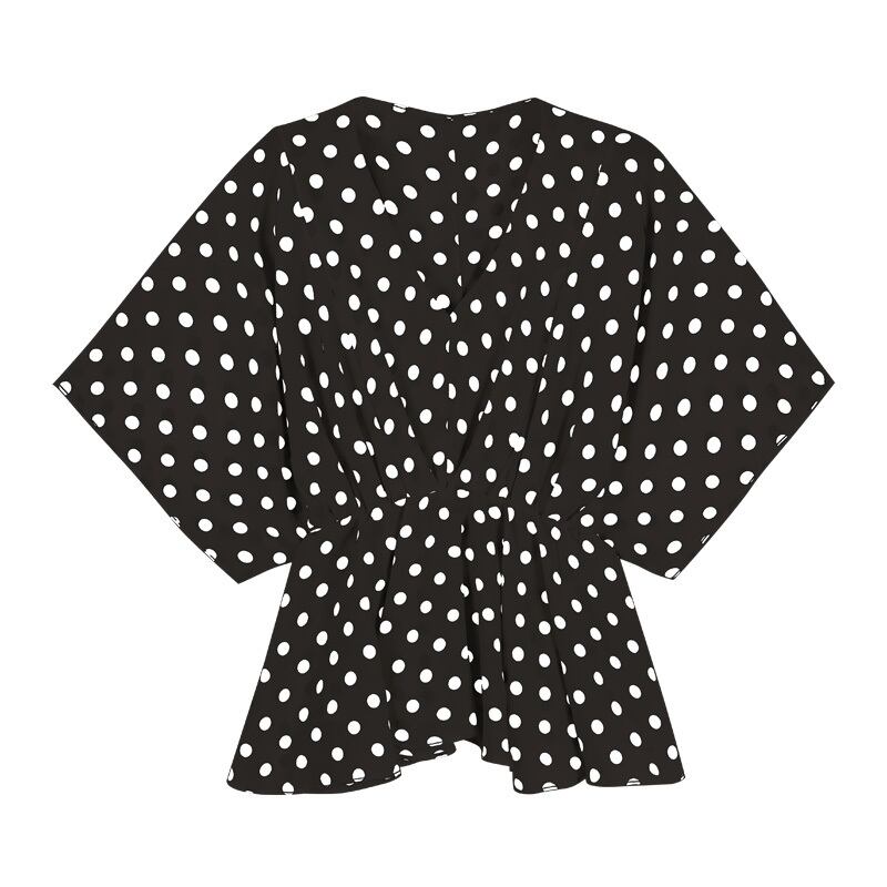 【tops】好感度満載!Vネック半袖シフォンドット柄ウェスト絞りファッションブラウスF0373