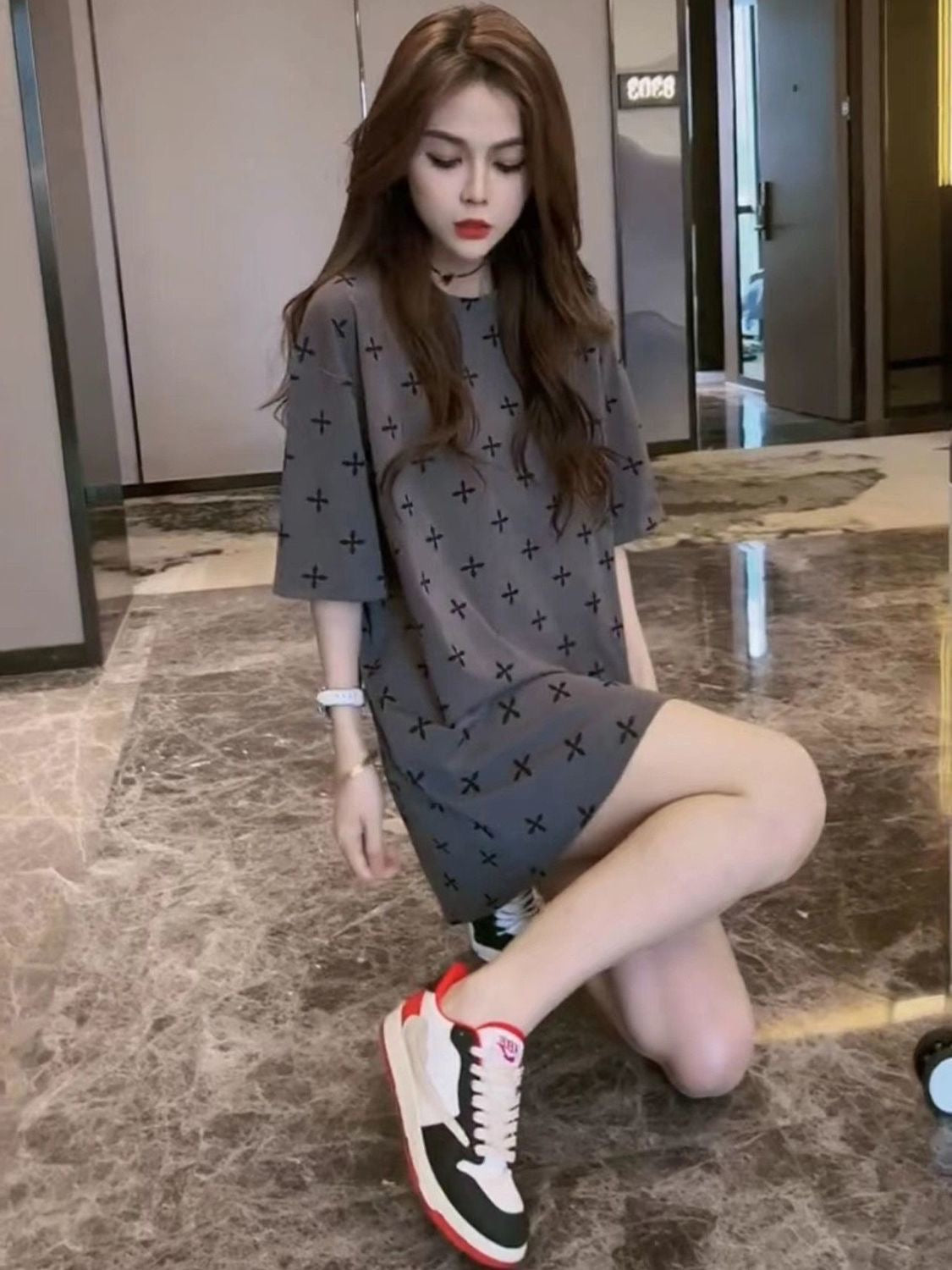 【tops】ラウンドネック半袖ロング丈TシャツF7766