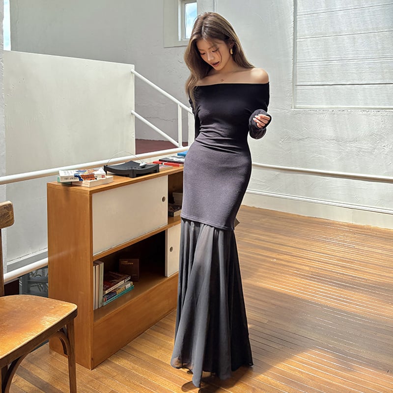 【dress】オフショルドッキングマーメイドワンピース Q6925
