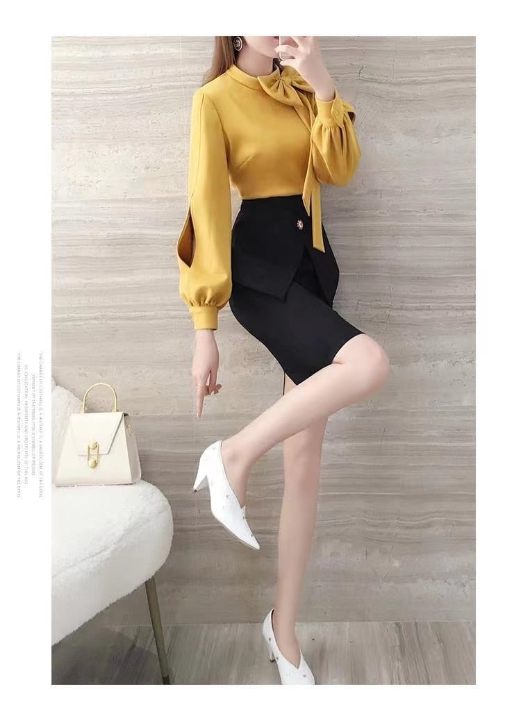 【dress】話題沸騰中OL通勤蝶々結び長袖韓国ファッション着やせ気質淑女タイトワンピースF1524