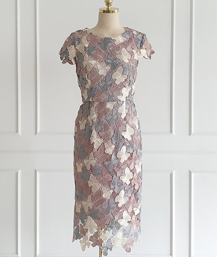 【dress】ノースリーブレース蝶柄ワンピース Q8426