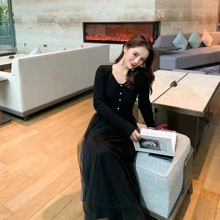 【dress】高級感溢れるVネック長袖レースメッシュ切り替えファッション無地おしゃれワンピースF1326