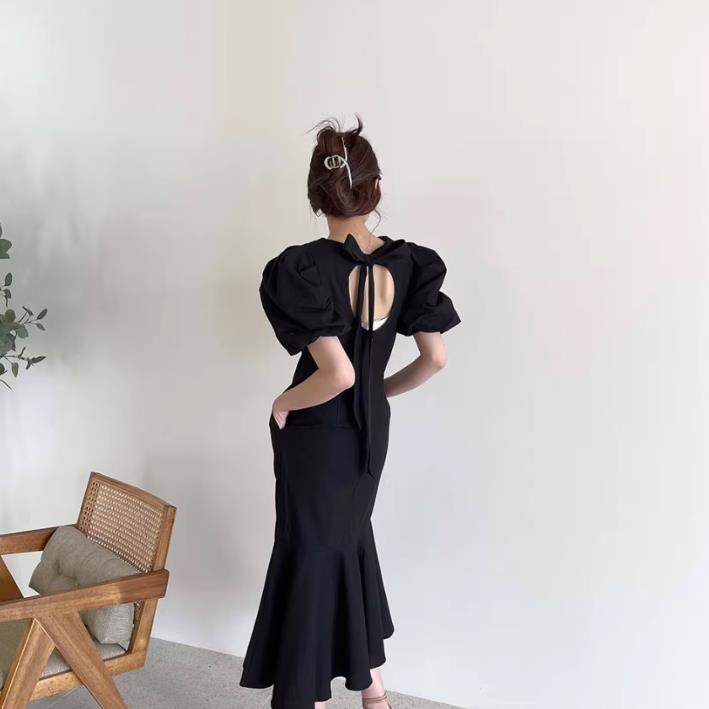 【dress】半袖パフ袖透かし彫りワンピースF7410