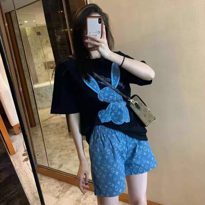 【set】2色動物柄Tシャツ+ショートパンツ2点セットF7702