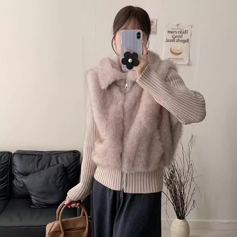 【outer】ファー付きフェイクレイヤードニットカーディガン Q7568