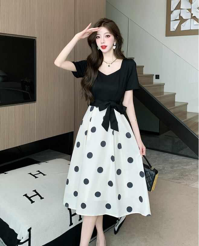 【dress】大人可愛い夏Vネック切り替えドット柄ワンピースF5794