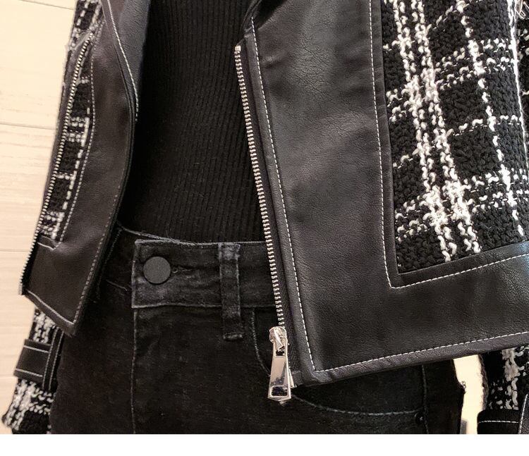 【outer】話題沸騰中大きいラペル長袖韓国風チェック柄配色切り替えショート丈ジャケットF1643