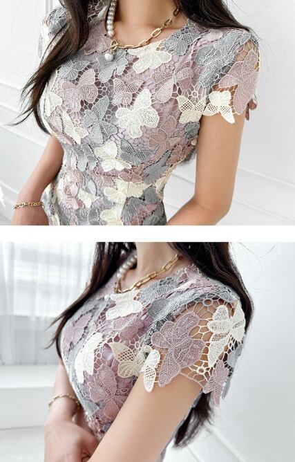 【dress】今季トレンドOL通勤ラウンドネック半袖レース配色タイトワンピースF5508