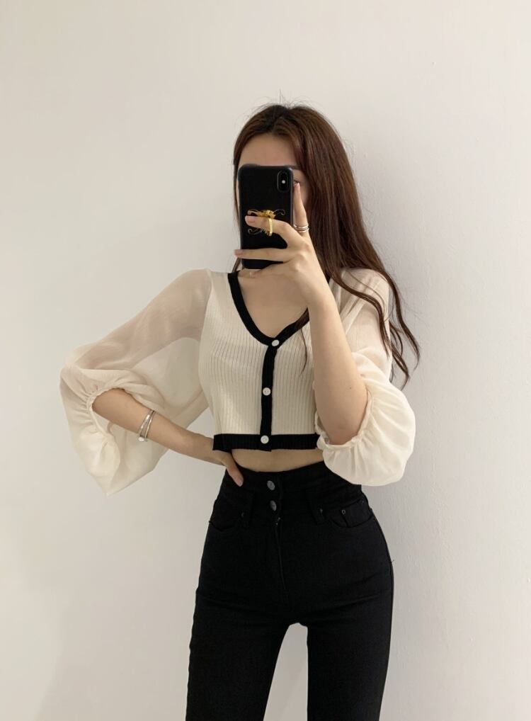 【tops】Vネック ランタンスリーブ切り替えトップスニット G15684