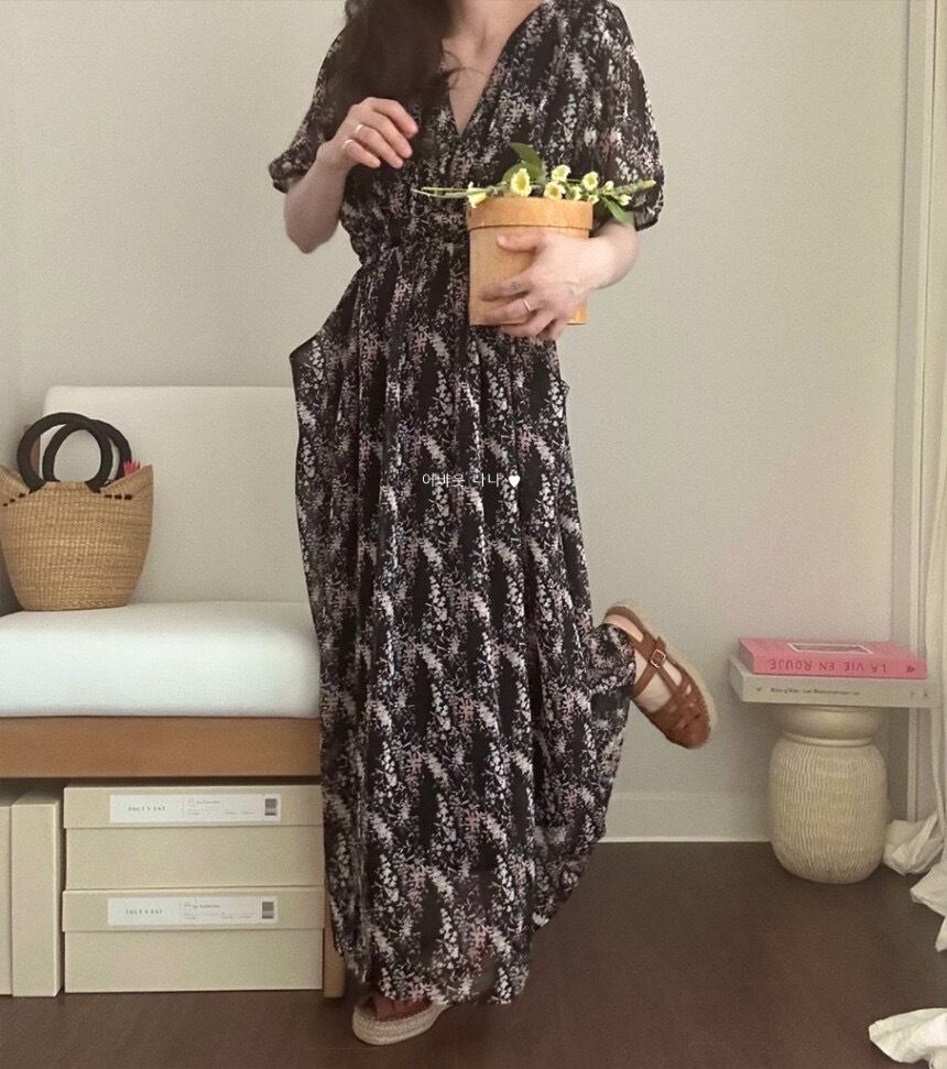 【dress】Vネック花柄パフスリーブワンピース G20746