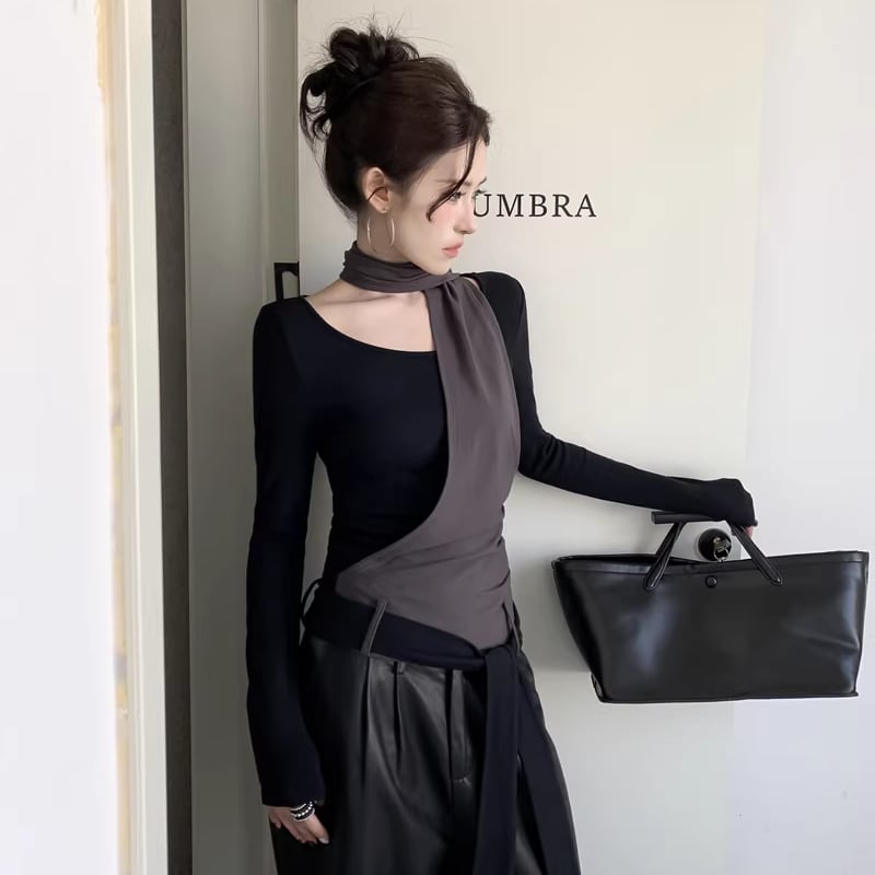 【tops】スカーフデザインフェイクレイヤードトップス Q8137