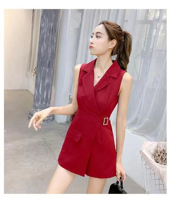 【set】夏新作2色大きいラペルノースリーブ無地ウェスト絞りショート丈オールインワンF2806