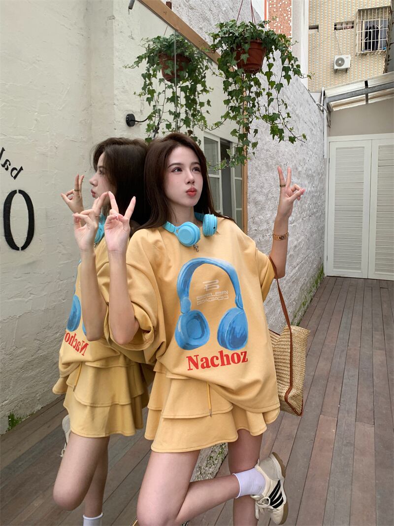 【set】ラウンドネックプリントTシャツ+スカート2点セットG21374