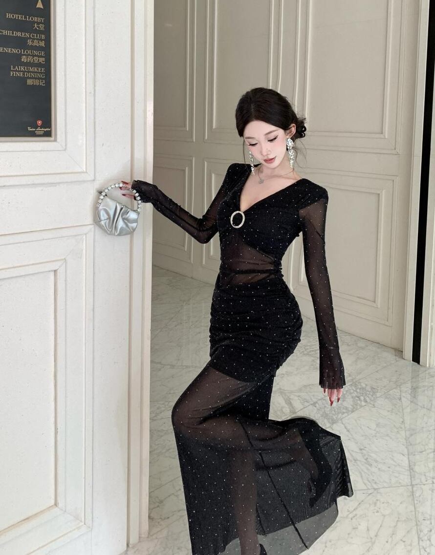 【dress】チュールドッキングロングワンピース Q7422
