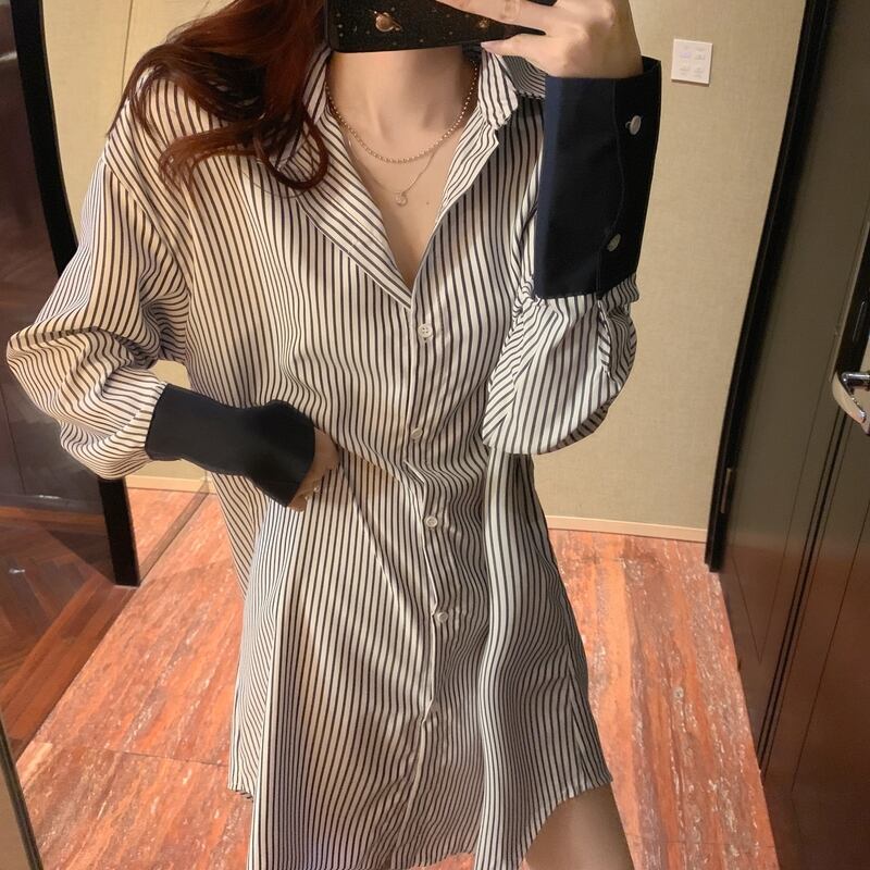 【set】ファッション気質満点個性派スカート+切り替えストライプ柄シャツワンピース2点セット G9207