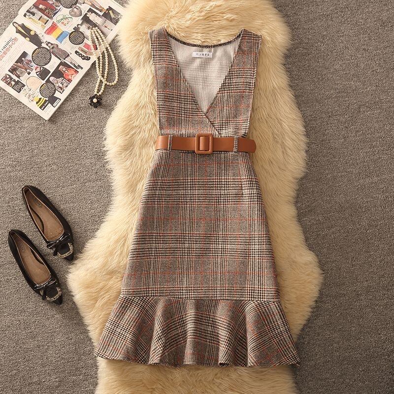 【set】ニットセーター×チェック柄マーメイドベストワンピースセット N2255