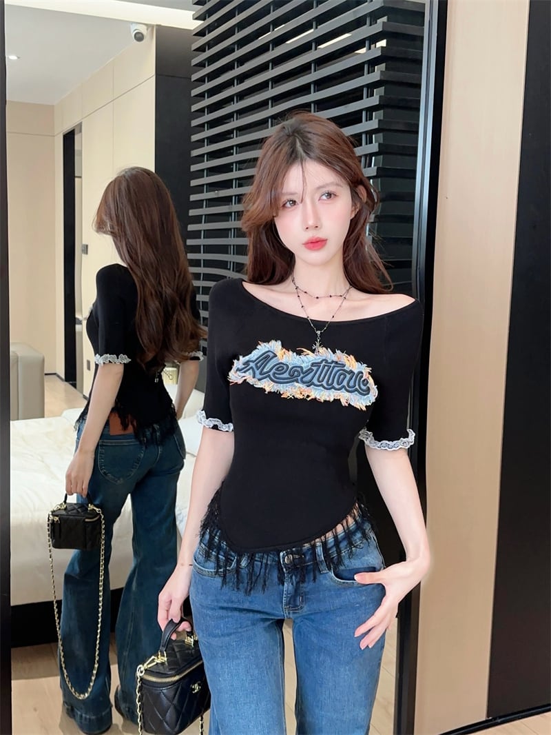 【tops】フリンジニットTシャツトップスG21341