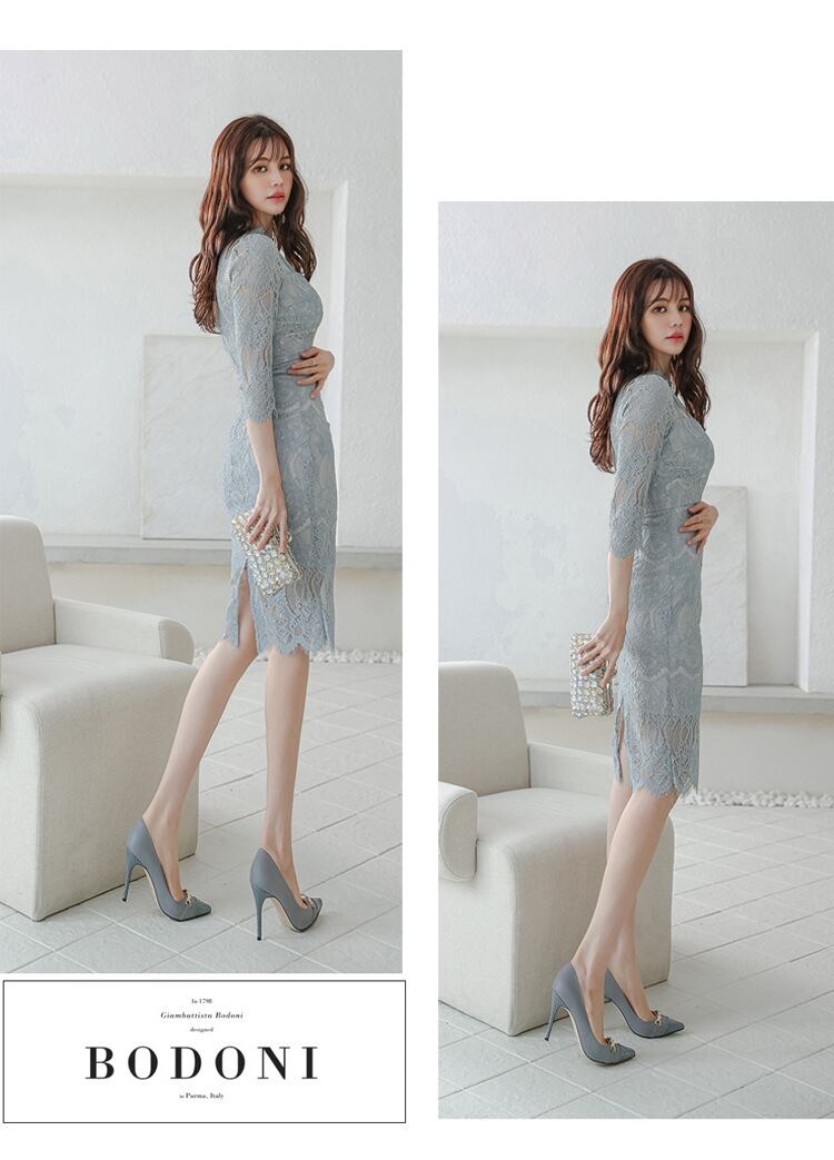 【dress】レース7分袖スリットタイトワンピース G21154