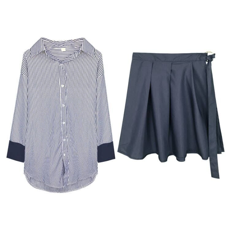 【set】ファッション気質満点個性派スカート+切り替えストライプ柄シャツワンピース2点セット G9207