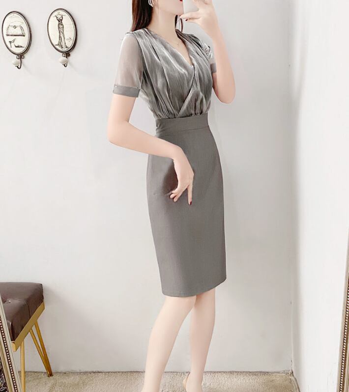 【dress】ファッション!気質満点レトロOL通勤着痩せVネックメッシュ切り替えワンピース G6423