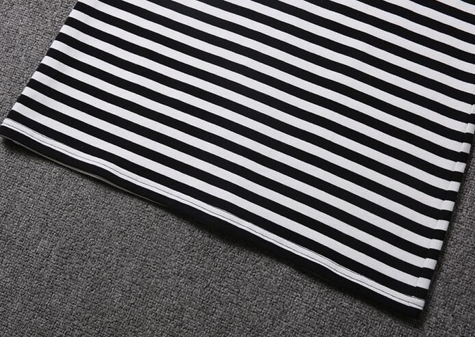 【dress】気質溢れる♪ラウンドネックラッパ袖半袖韓国ファッションボーダー柄ワンピースF2149