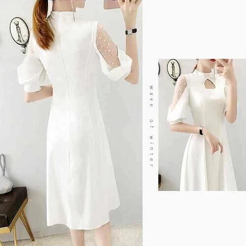 【dress】オシャレ度満点〜スタンドネック半袖パフ袖メッシュ切り替え韓国ファッションOL通勤AラインワンピースF1877