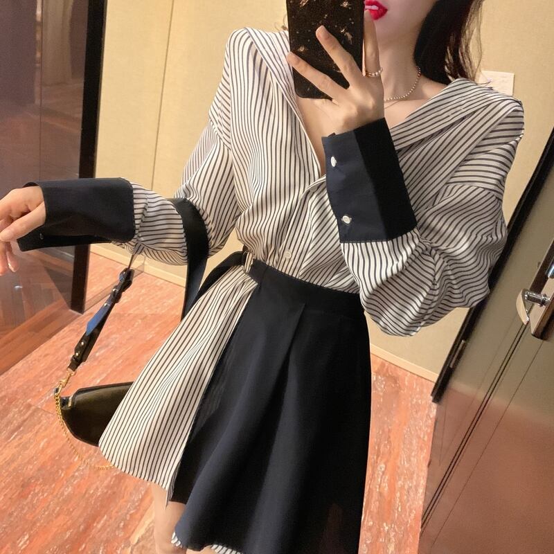【set】ファッション気質満点個性派スカート+切り替えストライプ柄シャツワンピース2点セット G9207