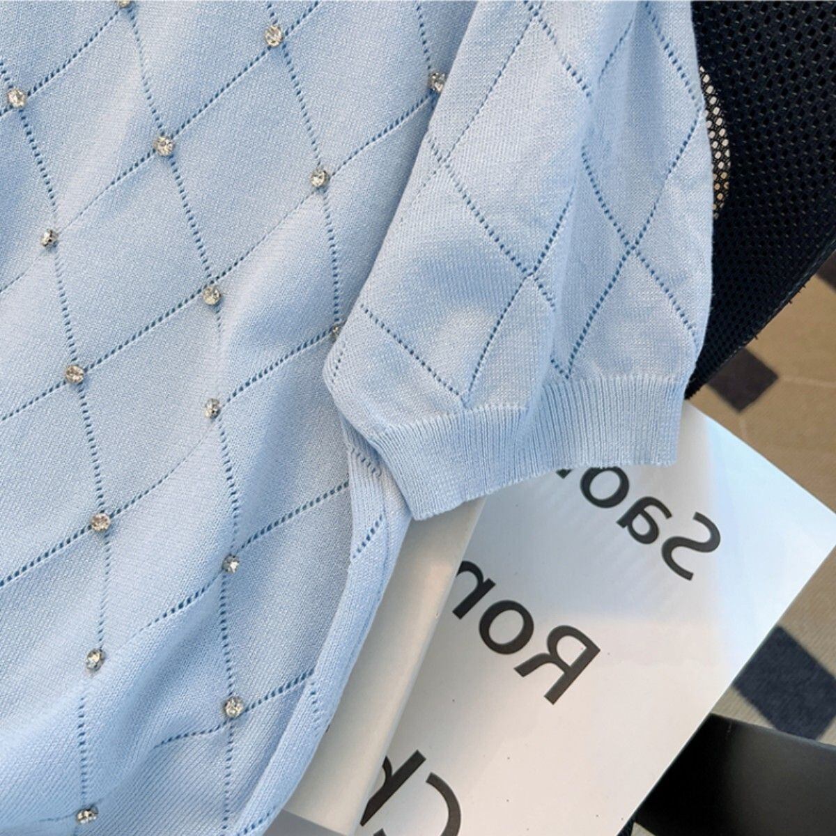 【tops】2色ラインストーンニットTシャツF7308