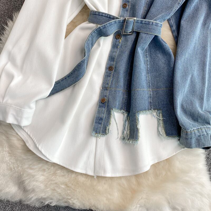 【tops】話題沸騰中春新作4色POLOネック長袖人気デニム切り替え配色着回しブラウスF4620