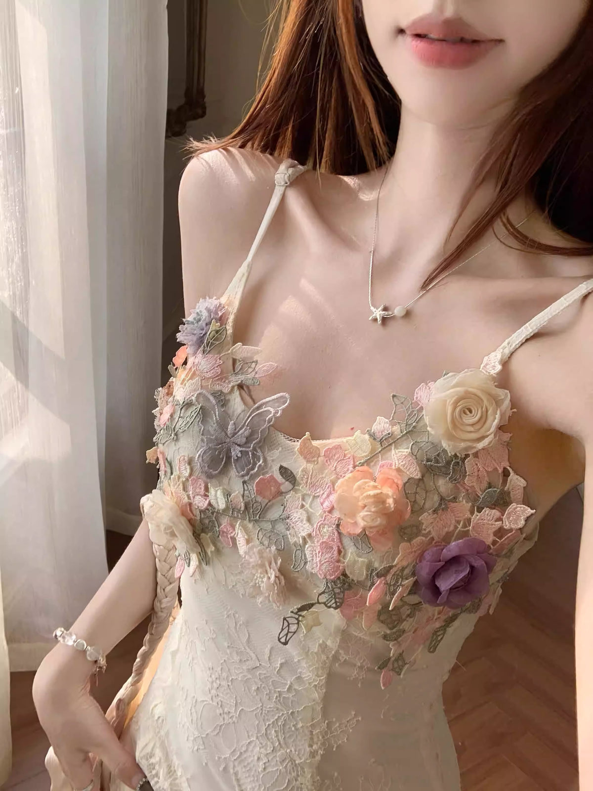 【dress】フラワー付きチュールドッキングロングキャミワンピース Q8259