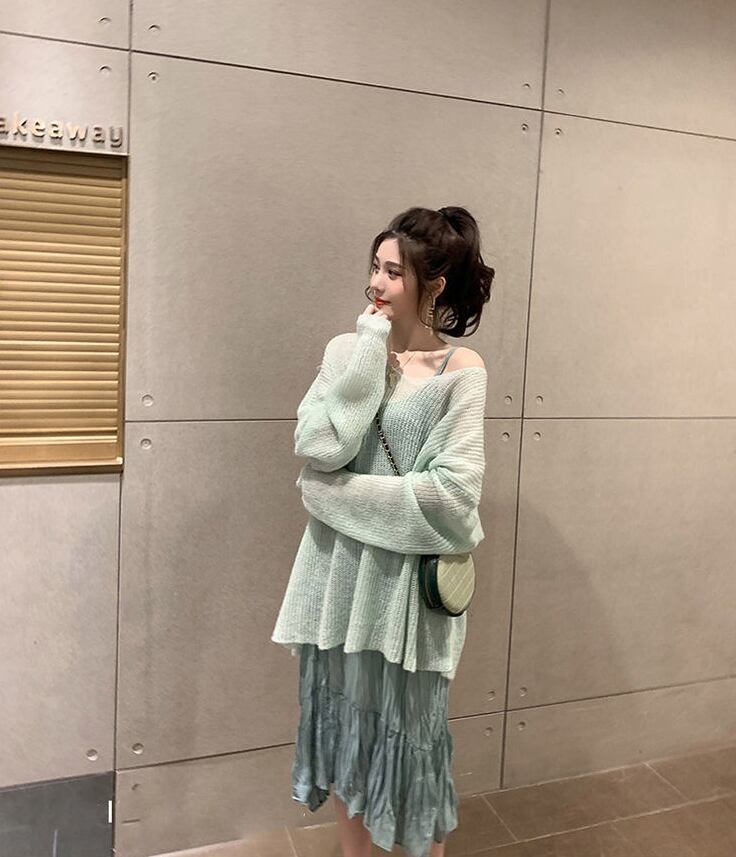 【set】好感度UP!気質満点スウィート薄手セーター+キャミワンピース2点セット G1549