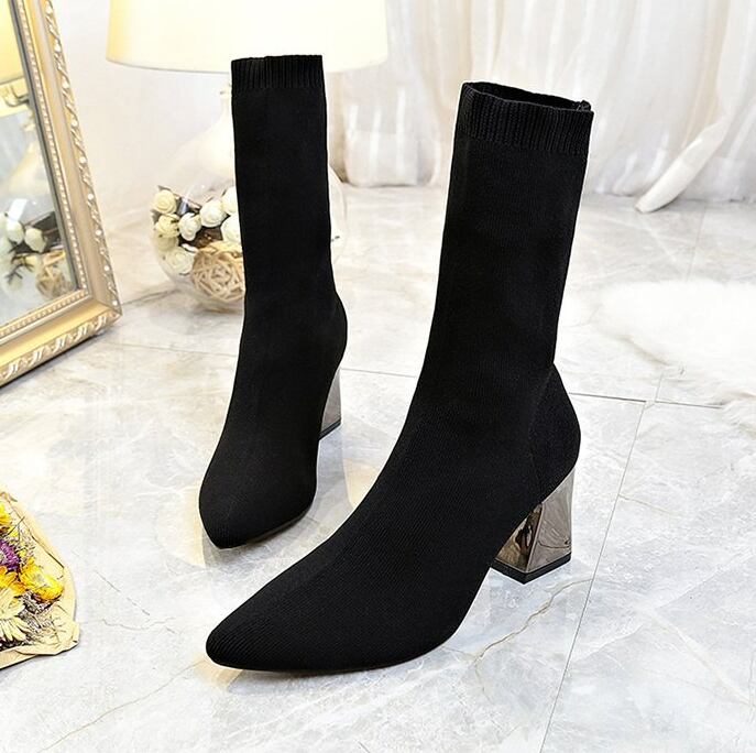 【shoes】好感度満載!寒さ対策ポインテッドトゥ美脚OL通勤宴会履きやすいチャンキーヒールロングブーツF1219