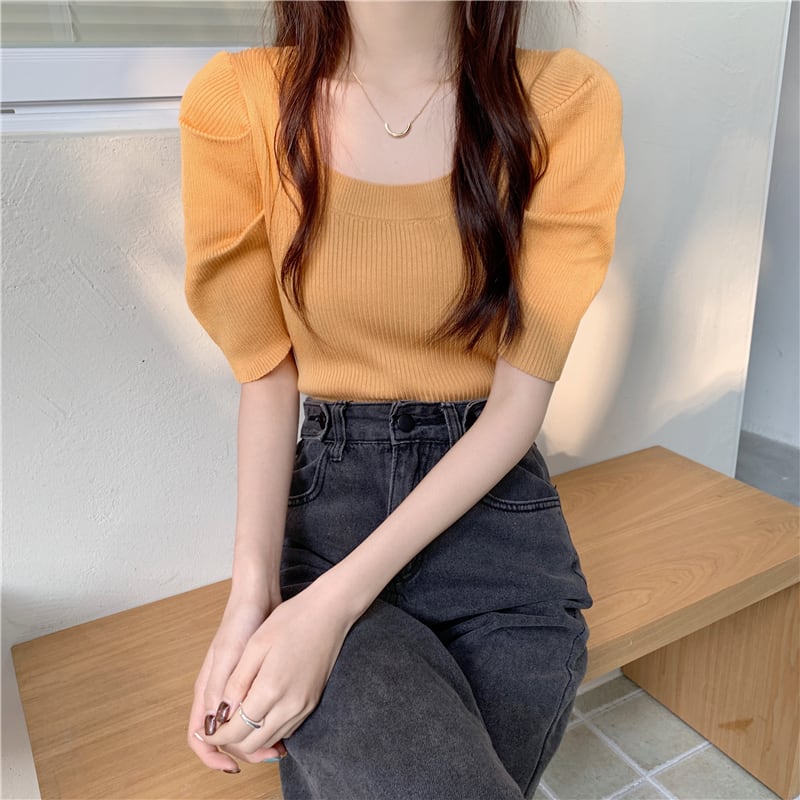 【tops】半袖パフ袖ニットTシャツF7510
