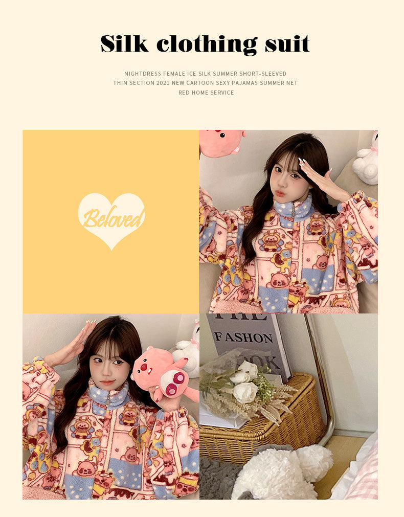 【ホーム・生活】秋冬厚手ファスナー上下セットルームウェアパジャマG24053