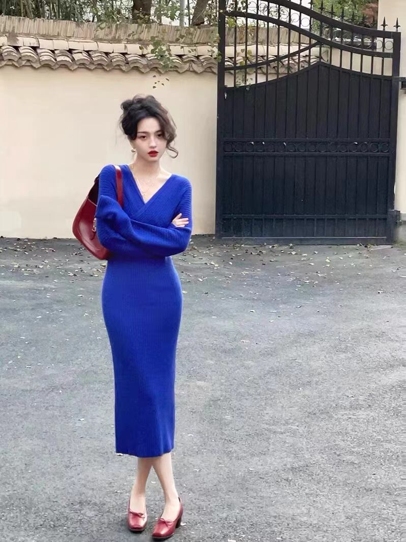 【dress】優しい雰囲気韓国風INS風Vネック長袖ウェスト絞り無地着やせニットワンピースF3383