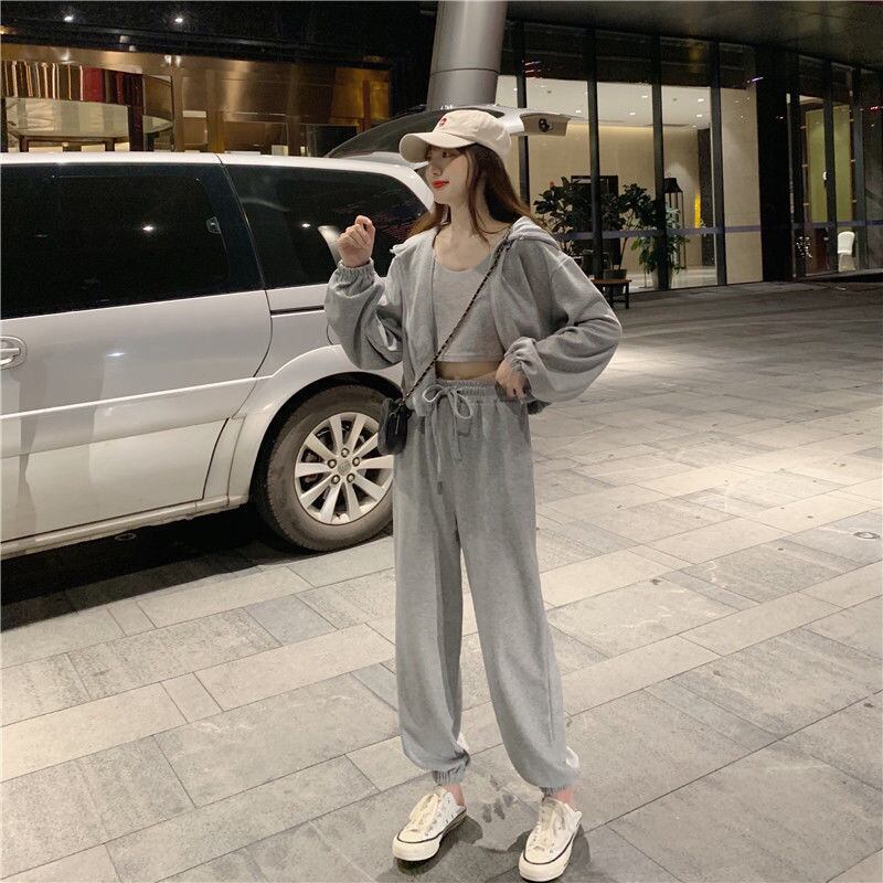 【set】店長推薦3点セットフード付きパーカージャケット+無地パンツ+キャミソー付き通勤日常セットアップF1773