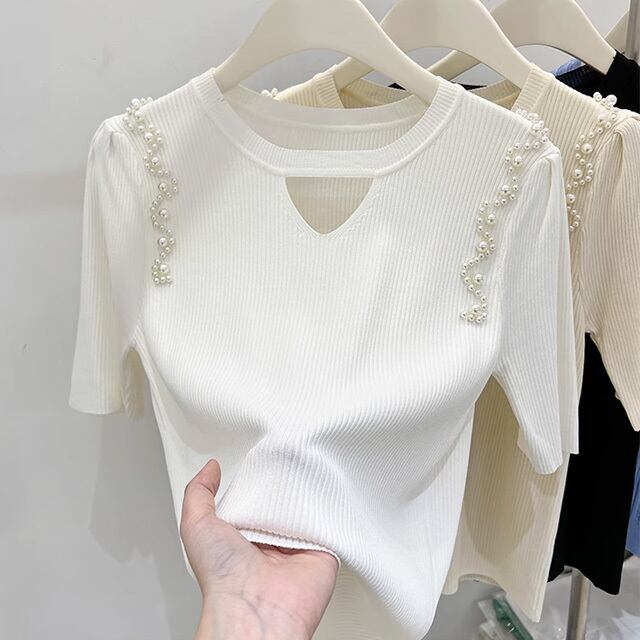【tops】ビーズ半袖ニットTシャツF7310