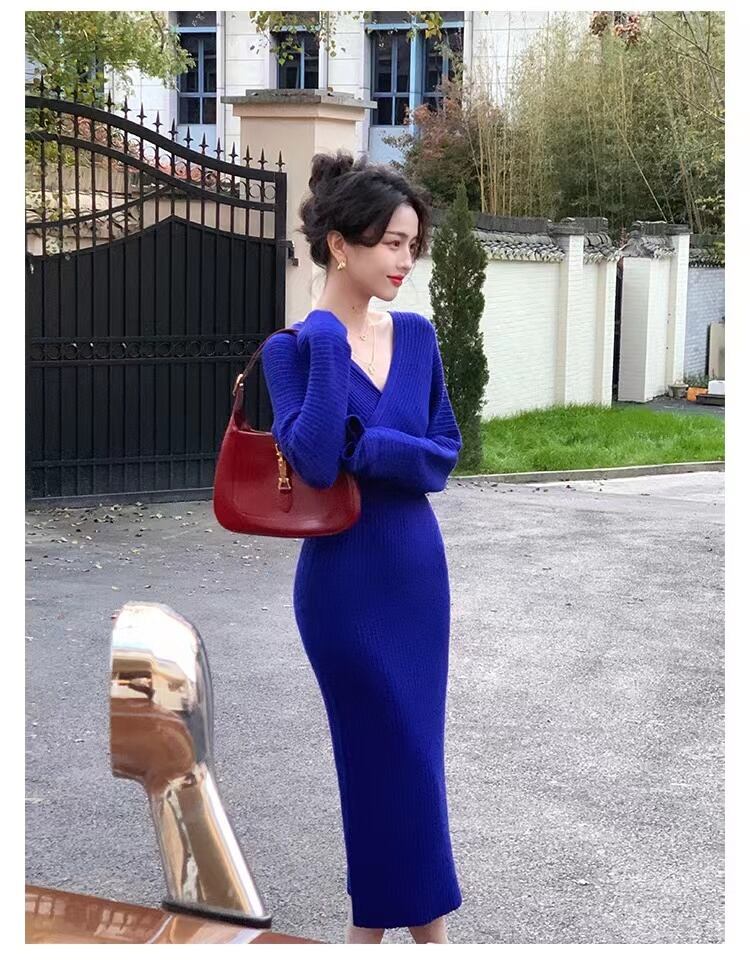 【dress】優しい雰囲気韓国風INS風Vネック長袖ウェスト絞り無地着やせニットワンピースF3383