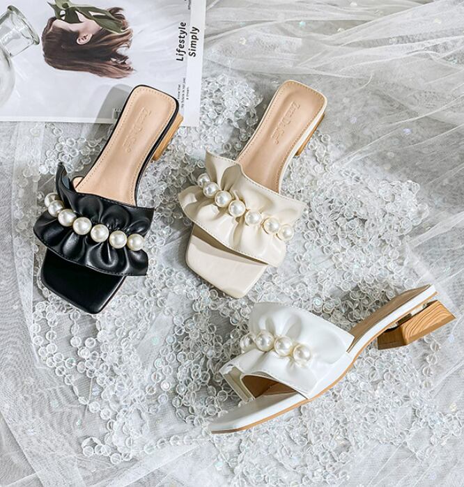 【shoes】美人度アップ3色スクエアトゥ履きやすい合わせやすいビーズ飾りスリッパサンダルF2754