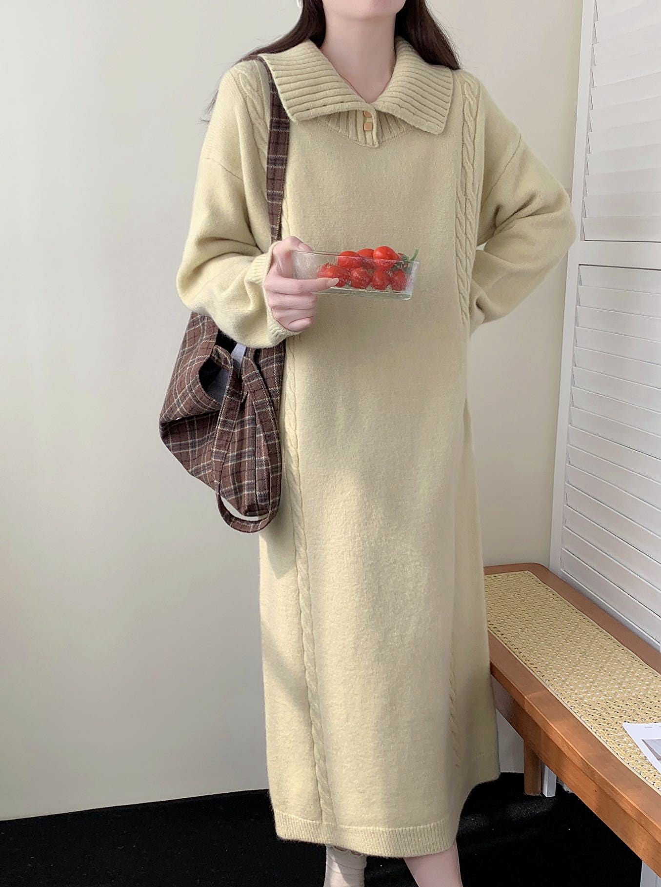 【dress】折り襟ロングニットワンピース Q7771