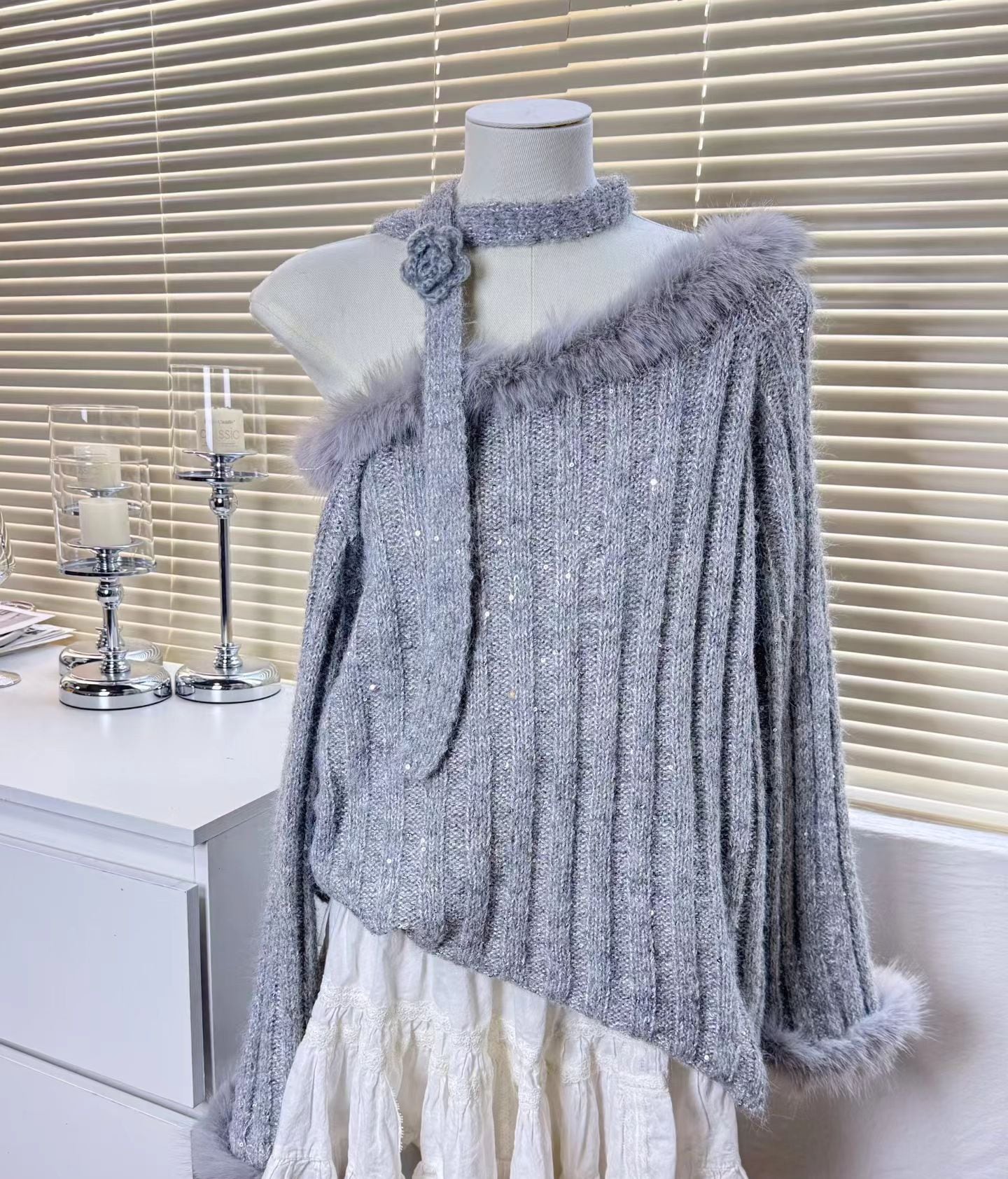 【tops】ファー付きニットトップス Q6954