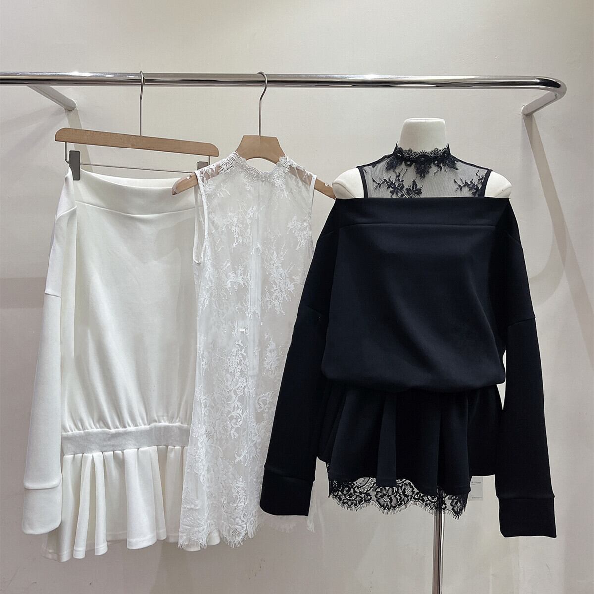 【set】ボートネックワンピース×レースワンピースセット N2981