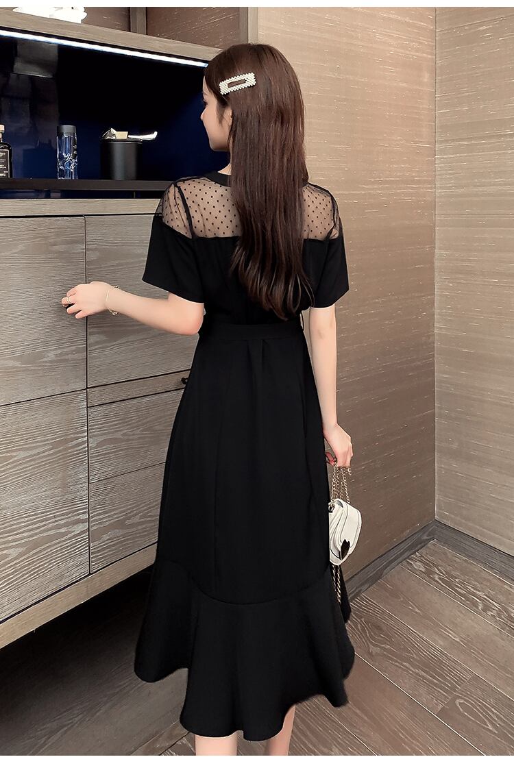 【dress】Vネックメッシュ切り替え着痩せウエストリボンミモレ丈ワンピース